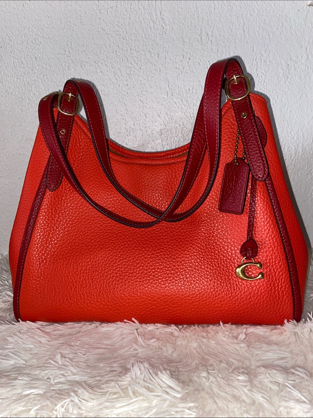 Coach shoulder bag Lori leather colorblock red/orange adjustable straps brass he